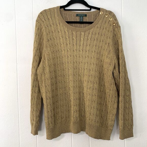 Lauren Ralph Lauren Sweaters - Lauren Ralph Lauren Womens 3XL Cable Knit Sweater Metallic Gold Button Old Money